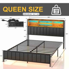 Metal Bed Frame Modern Stylish Bed Platform with Headboard Footboard Storage Racks LED Lights