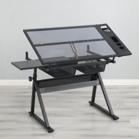 Black Adjustable Tempered Glass Drafting Printing Table With Chair (Color: black)