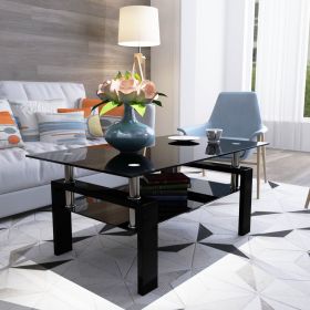 Black Glass Rectangle Coffee Table Modern Side Center For Living Room (Color: black)