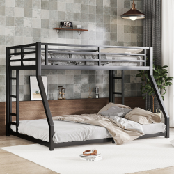Metal Full XL Over Queen Bunk Bed For Teens And Adults, Noise Reduced No Box Spring Needed, Black (Color: black)