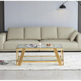 47 Wide Rectangle Modern Stainless Steel Coffee Table, Double-Layer Clear Tempered Glass Coffee Table, Center Table With Storage, For Living Room (Color: gold)