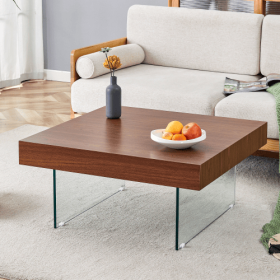 Walnut Colored Square MDF Coffee Table  31.5x31.5 With Tempered Glass Legs.Density Board Sticker,Reinforced Glass Legs.Walnut Colored Texture Sti (Option: Walnut)