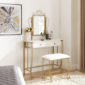 Vanity Table Set With Mirror & Stool,White Makeup Dressing Desk With Drawers For Girls,Women,Bedroom,Gift (Color: White)