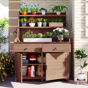 65 Inch Garden Potted Plant Workbench Table, Cedar Workbench With Storage Rack, Drawers, And Cabinets, Brown (Color: Brown)