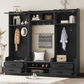 4-in-1 Detachable Hall Tree With Storage And 7 Hooks, Multiple Functions Hallway Coat Rack With Storage Drawers And Cabinet, Black Shoe Bench For (Color: black)