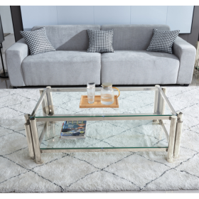 50 Wide Rectangle Modern Stainless Steel Coffee Table, Double-Layer Clear Tempered Glass Coffee Table, Center Table With Storage, For Living Room (Color: silver)