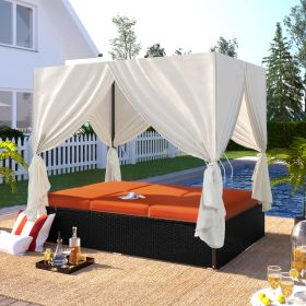 U STYLE Outdoor Patio Wicker Sunbed Daybed With Cushions, Adjustable Seats (Color: Orange)