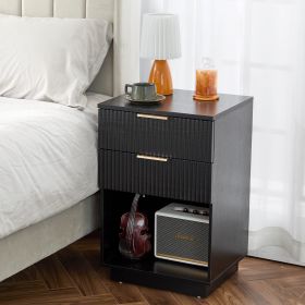 Black P2 Density Board, Wave Pattern Drawer Surface, 2 Drawer Bedside Cabinet 1pc (Color: black)
