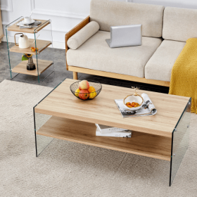 Double Layered Rectangular Coffee Table The Board Is Made Of MDF With Wooden Stickers, With Transparent Tempered Glass On Both Side.Suitable For (Option: Wood)