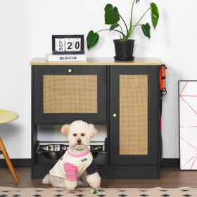 Feeding Station With 2 Lockers, Pet Feeding Station With 2 Elevated Dog Bowls, Side Hooks, Anti-tipping Kit, Hidden Pet Feeding Station For Feedi (Option: BlackVintage)