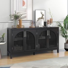 TREXM Sideboard With Rattan Door & Metal Handles For Living Room (Color: black)