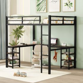 Full Metal Loft Bed With Desk And Shelves, Loft Bed With Ladder And Guardrails, Loft Bed Frame For B (Color: black)
