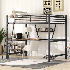 Full Size Loft Metal&MDF Bed With Desk And Shelf, Black (Color: black)