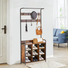 Coat Rack, Hall Tree With Shoe Rack For Entryway, 3-in-1 Entryway Coat Rack And Storage Rack, With 7 Hooks, A Hanging Rod (Option: Antique Natural)