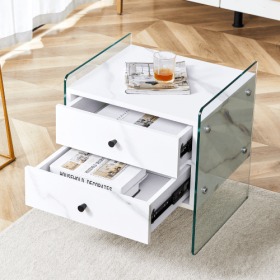 Double-drawer Bedside Table. The Board Surface Is MDF Sticker, And Both Sides Are Transparent Tempered Glass. The Design Is Simple And Elegant, W (Color: White)