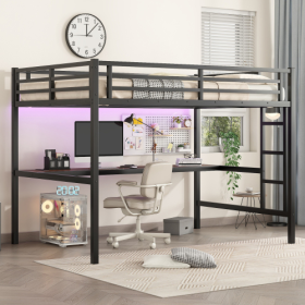 Metal Full XL Size Loft Bed With Power Outlet And LED Lighted, Space-Saving, Noise Reduced, Black (Color: black)