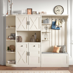 Multifunctional Left-right Combination Hall Cabinet  Can Be Used Separately  With Storage And 4 Hooks, Storage Cabinet Hall Tree 2 In 1 For Livin (Color: Beige)