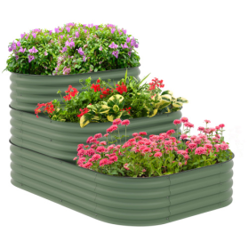 Outsunny 3-Tier Galvanized Steel Raised Garden Bed Kit, 62.25 X 43 X 32.25, 3 Combining Planter Boxes With Rubber Strip Edging, Open Bottom For B (Color: green)