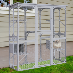 Catio Outdoor Cat Enclosure With Roof 72 Height Cat Wooden House Large Cat Cage With 3 Jumping Platforms And 2 Napping Houses For Cat Activity (Color: Grey)