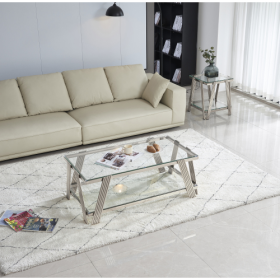 Modern Stainless Steel Coffee Table Set Set Of 2, Double-Layer Clear Tempered Glass Table Top, Coffee Table  End Side Table 2-Pieces Sets For Liv (Color: silver)
