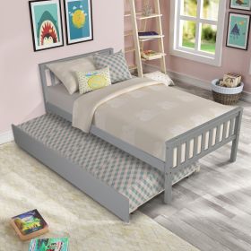 Twin Bed With Trundle, Platform Bed Frame With Headboard And Footboard, For Bedroom Small Living Spa (Color: Grey)