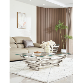55 Rectangle Modern Stainless Steel Coffee Table, Clear Tempered Glass Table Top, Living Room Table, With Modern Style, Silver (Color: silver)