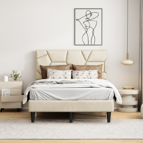 Queen Bed Frame, Linen Storage Headboard, Strong And Stable, No Noise, No Box Spring, Weight 397lbs (Color: Beige)