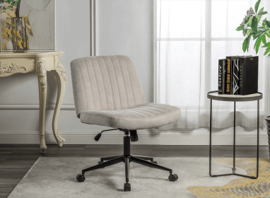 Cross Legged Office Chair, Wide Comfty Desk Chair, Fabric Vanity Home Chair,Armless Computer Task Chair With Wheels, Swivel And Height Adjustable (Color: Beige)