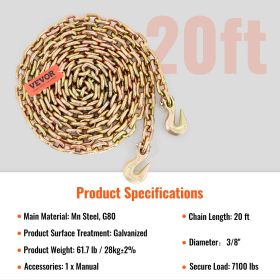 VEVOR Transport Binder Chain, 7100lbs Working Load Limit,G80 Tow Chain Tie Down With Grab Hooks, DOT Certified, Galvanized Coating Manganese Stee (Option: 20ft)