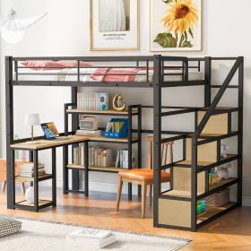 Full Size Metal Loft Bed With Staircase, Built-in Desk And Shelves, Black (Color: black)