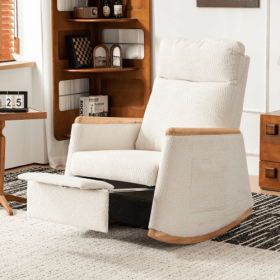 Accent Rocking Chair With Footrest High Back Rubber Wood Rocking Legs Bedroom Living Space 38.6D X 26.8W X 40.6H Inch (Color: Beige)