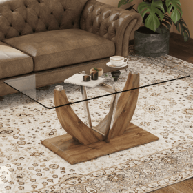 Modern Minimalist Transparent Tempered Glass Coffee Table With Marble Patterned MDF Legs And Stainless Steel Decorative Columns. Computer Desk. G (Option: Wood)