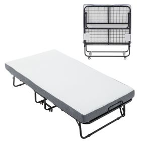 Folding Bed Cot With Mattress For Adults,  Foldable Metal Frame Bed For Guest With Memory Foam Mattress On Wheels, Saving Space Rollaway Bed (Option: 75X38 in)