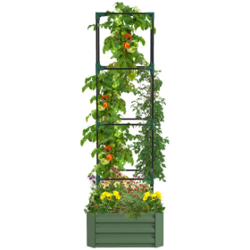 Outsunny Galvanized Raised Garden Bed, 24 X 24 X 11.75 Outdoor Planter Box With Trellis Tomato Cage And Open Bottom For Climbing Vines, Vegetable (Color: green)