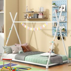 Metal Twin Size House Platform Bed With Triangle Structure, White (Color: White)