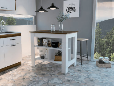 Rockaway 3-Shelf Kitchen Island White And Walnut (Color: White)