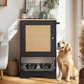 Feeding Station With 1 Storage Cabinets, Pet Feeding Station With 2 Elevated Dog Bowls, Side Hooks, Anti-tip Kit, Hidden Pet Feeder Station For F (Option: BlackVintage)
