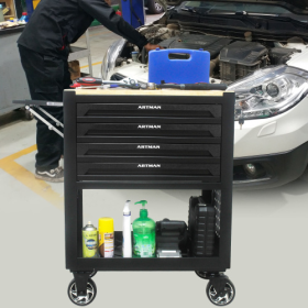 4 DRAWERS MULTIFUNCTIONAL TOOL CART WITH WHEELS AND WOODEN TOP-BLACK (Color: black)
