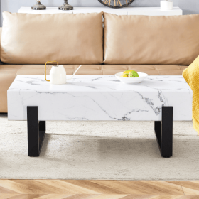 47.2x23.6 Black And White Minimalist MDF Marble Patterned Coffee Table.White Marble Pattern Sticker,Black Metal Leg Spray Coating,MDF Coffee Tabl (Option: WhiteBlack)