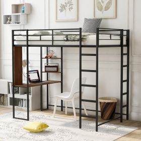 Twin Metal Loft Bed With 2 Shelves And One Desk ,BLACK (Color: black)