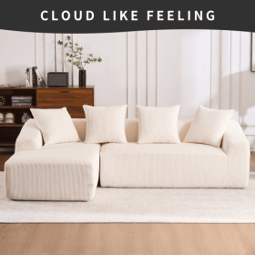 LY-023 WHITE COMPRESSION SOFA Combining Chaise Longue With 3-seater, Corduroy Fabric, Full Sponge Compression Sofa,combined Sofa With 4 Pillows F (Color: White)