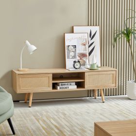 55.12  Rattan TV Cabinet With Sliding Doors  Adjustable Shelf   Solid Wood Legs (Option: Natural)