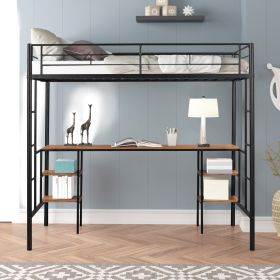 Twin-Size Loft Bed With Built-in Table & Shelves - Heavy-Duty Metal (Color: black)