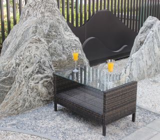 Outdoor Patio Furniture Coffee Table With Clear Tempered Glass (Color: Brown)