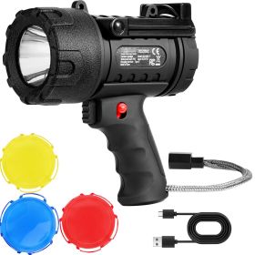 USB Super Bright Rechargeable Spotlight Flashlight 200,000LM Searchlight (Color: black)