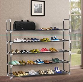 Simple Assembly 5 Tiers Nonwoven Fabric Shoe Rack with Handle Black (Option: as picture)