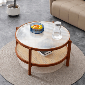 Modern Minimalist Circular Double Layer Solid Wood Coffee Table  Craft Glass Tabletop Second Layer Material PE Rattan, Solid Wood Frame 34.6 X34. (Option: Walnut)