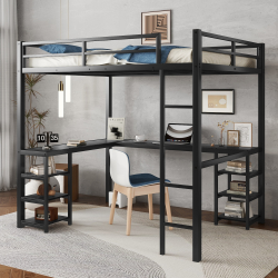 Full Metal Loft Bed With Desk And Shelves, Loft Bed With Ladder And Guardrails, Loft Bed Frame For Bedroom, Black With Black Desk (Color: black)