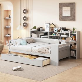 Wooden Full-size Sofa Bed With Storage Rack, Multifunctional Bed With Two Storage Drawers And Desk, Antique White (Option: Antique White)