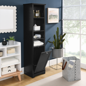 Floor Standing Cabinet For Living Room Bathroom Home Office Kitchen, 4 Adjustable Shelves & Laundry Hamper, Hidden Clothes Storage Space, Black (Color: black)